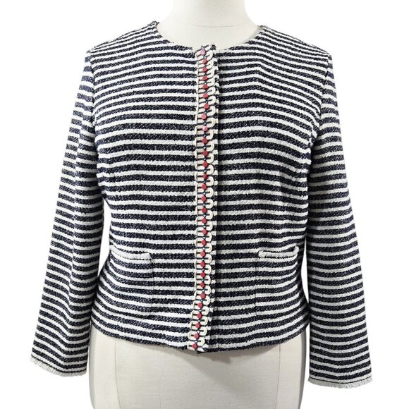 Ruby Rd. Navy Blue White Stripe Textured Collarless Snap-Up Jacket Whimsical - Picture 1 of 8